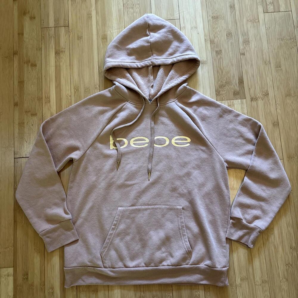 BEBE Women’s Pink Metallic Logo Raglan Sleeve Fleece Hoodie Sweatshirt Size L